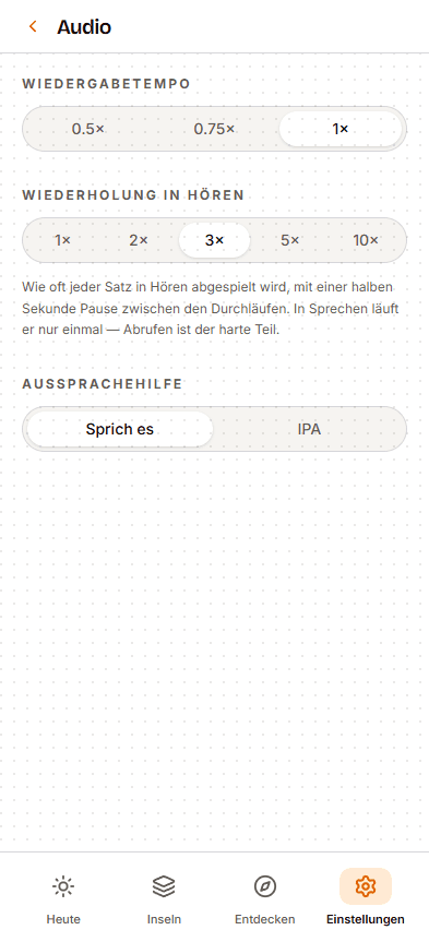 Der Audio-Einstellungsscreen mit Stimm- und Wiedergabe-Reglern.