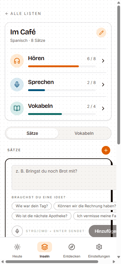 Einen Satz zu einer französischen Insel hinzufügen, mit Vorschlägen zur Auswahl.