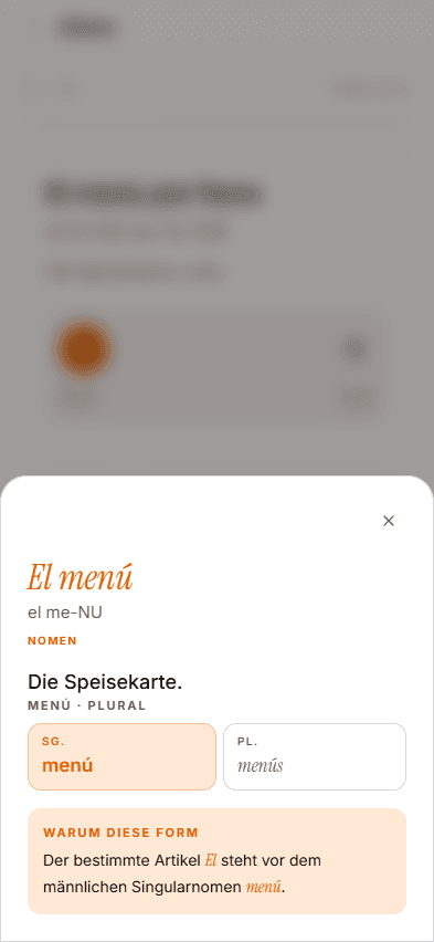 Die Grammatikkarte zu einem angetippten Wort, mit Formentabelle und Erklärung.