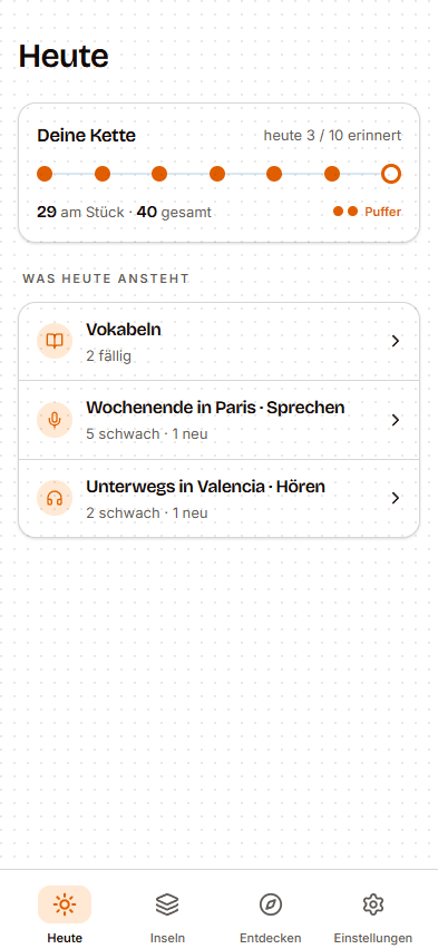 Die Language-Islands-App mit deinen Inseln und deiner Übungs-Kette.